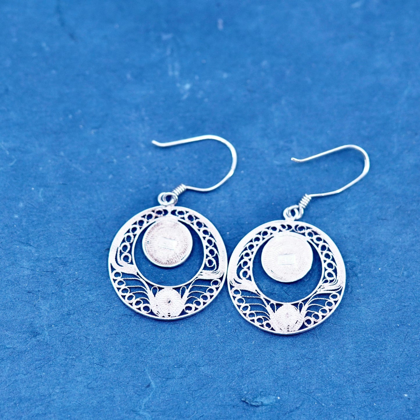 Vintage sterling silver handmade earrings, 925 filigree circle drop