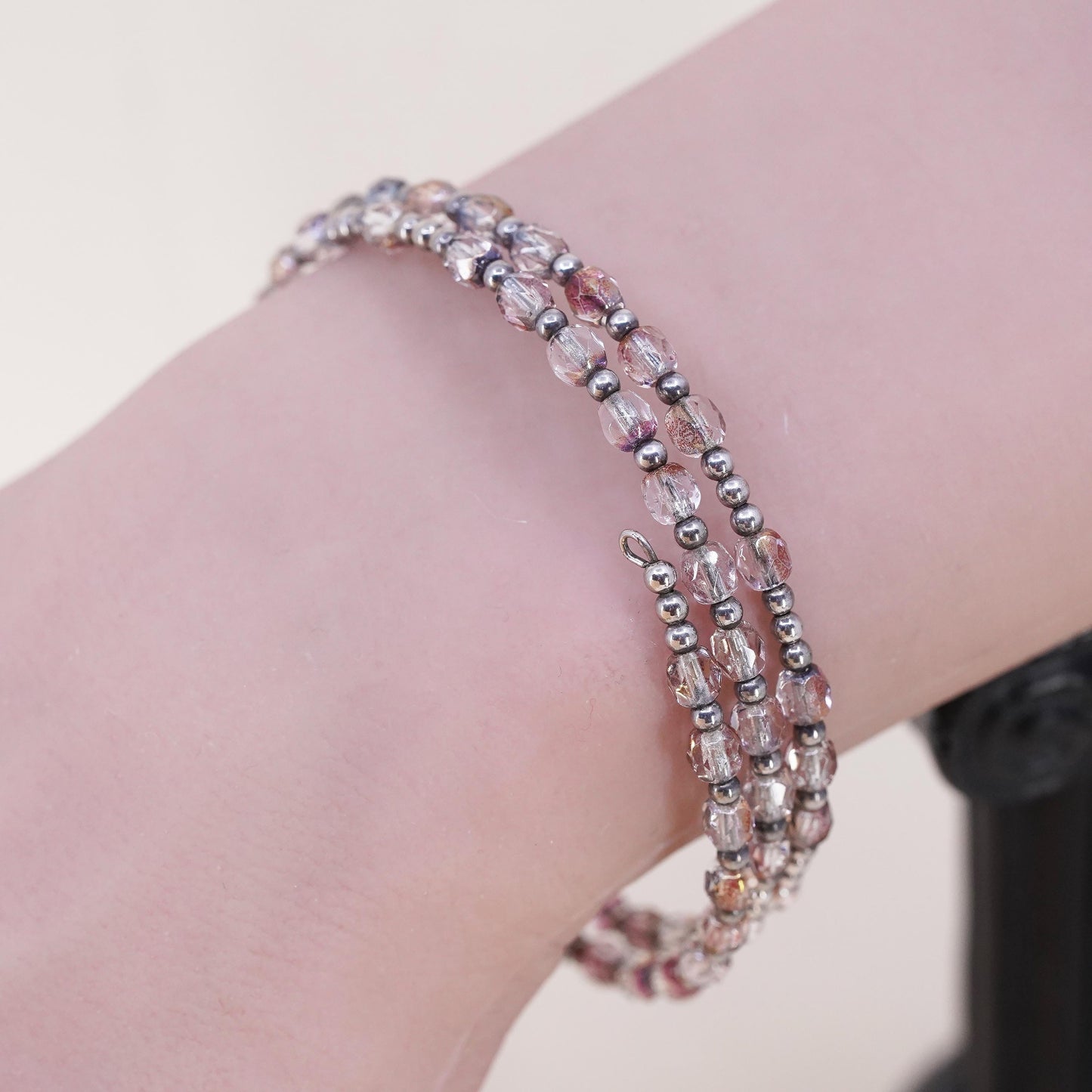 7", Vintage sterling silver handmade bracelet, 925 bangle with pink crystal