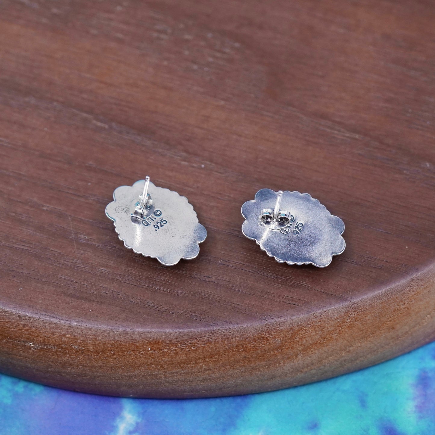 Quoc Turquoise Q.T. Sterling Silver Handmade Earrings, oval pearl 925 studs