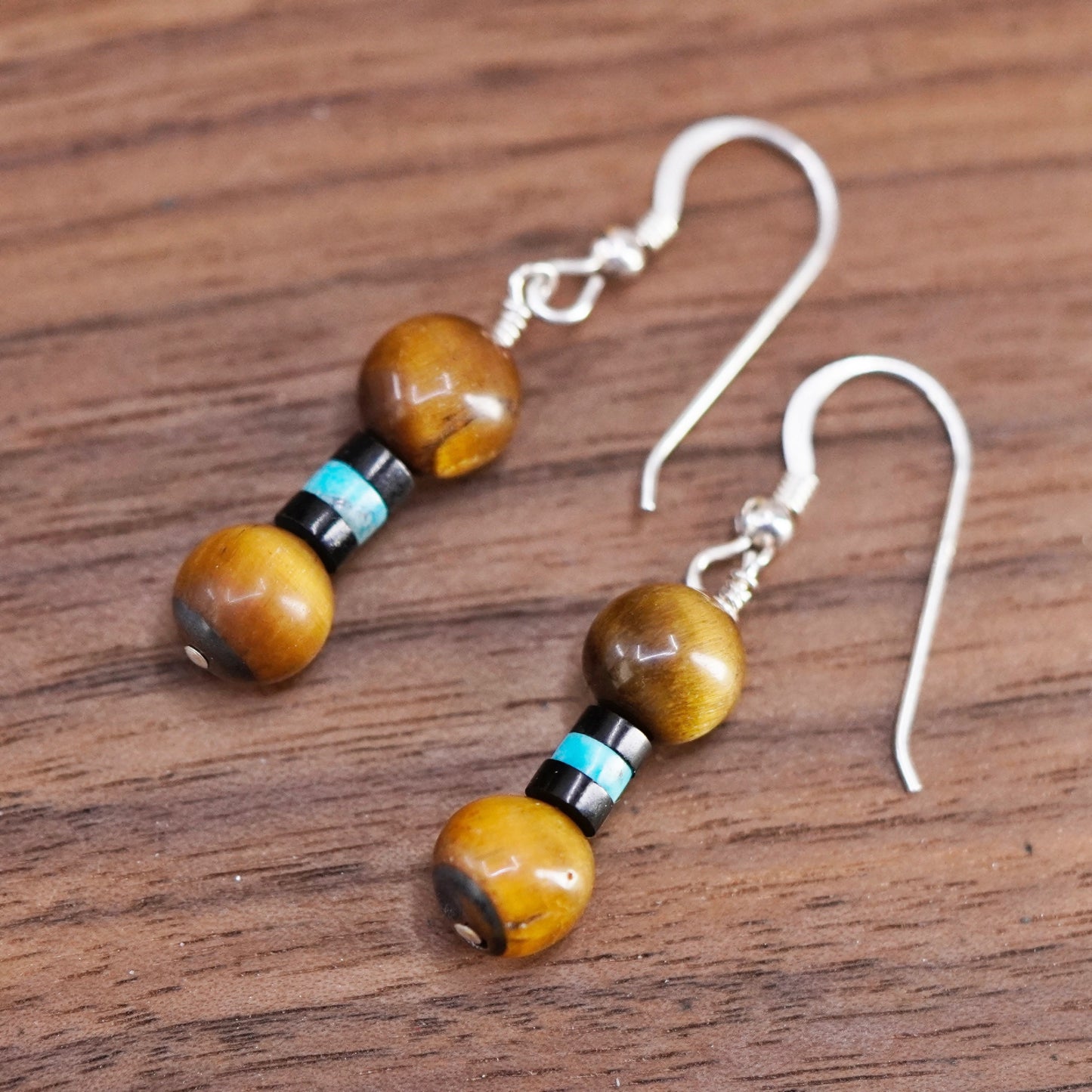 Vintage Sterling 925 silver handmade earrings with golden tiger eye beads
