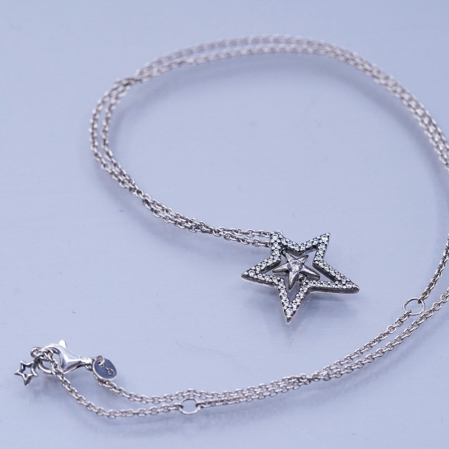 18”, VTG Pandora Pavé Asymmetric cz Star Collier Sterling 925 silver Necklace
