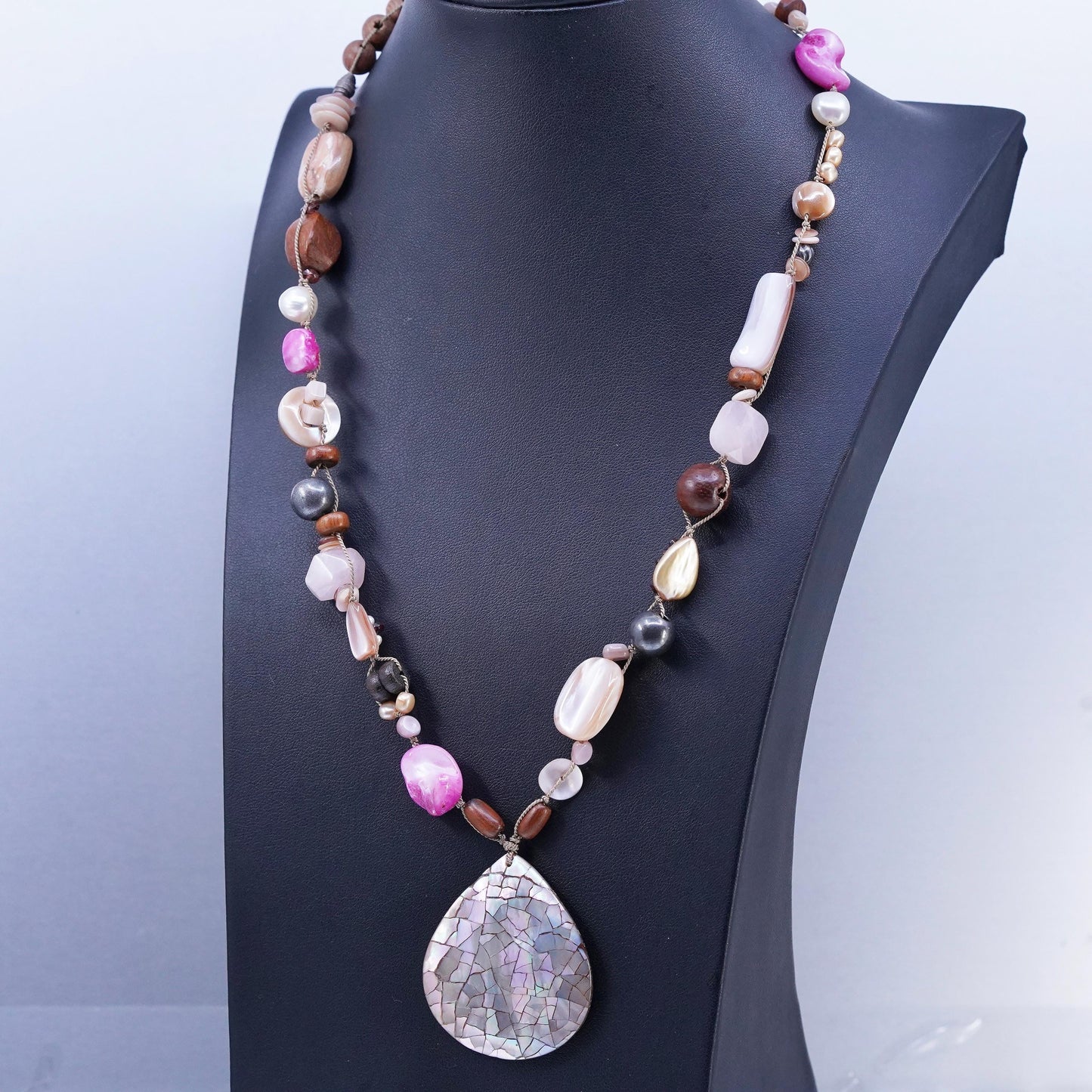 20+2", VTG Peyote Bird Sterling 925 silver handmade pearl wood bead necklace