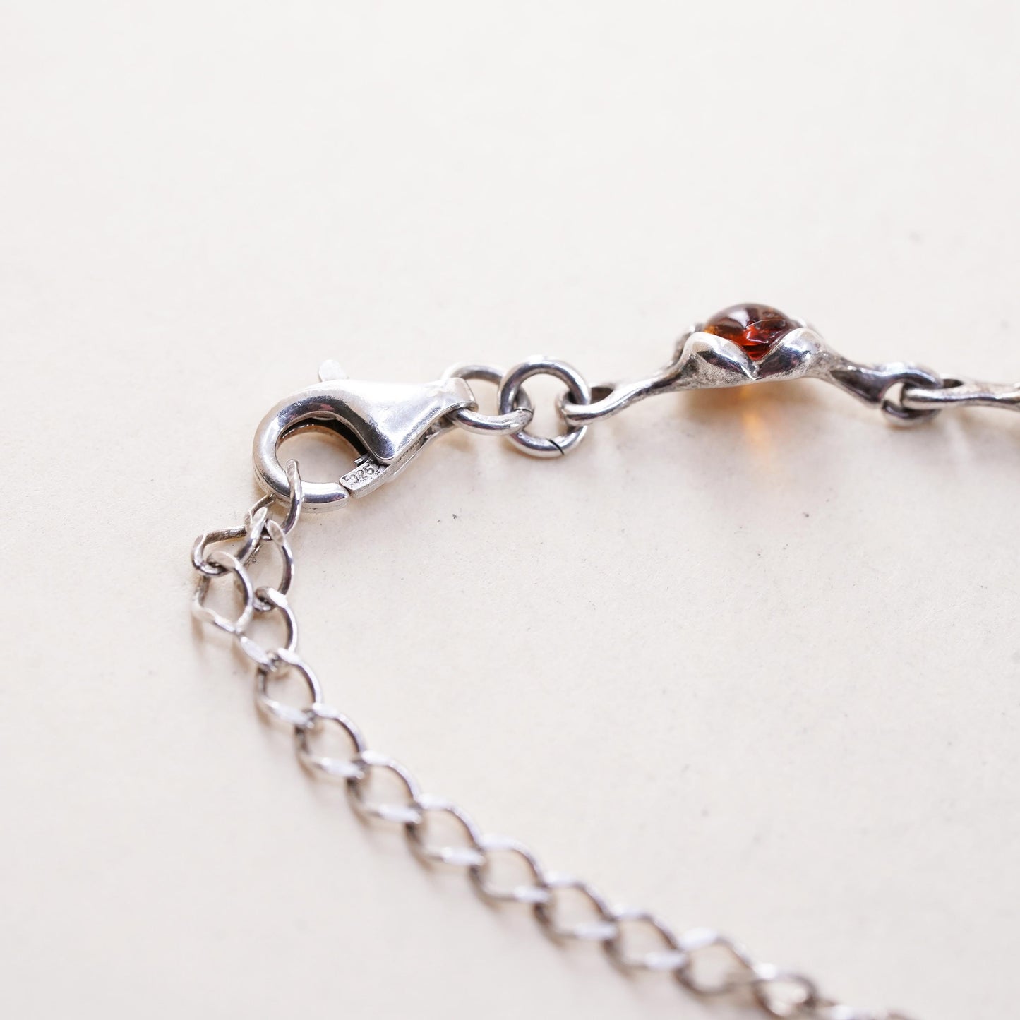 6+2", Vintage sterling 925 silver handmade bracelet with amber links