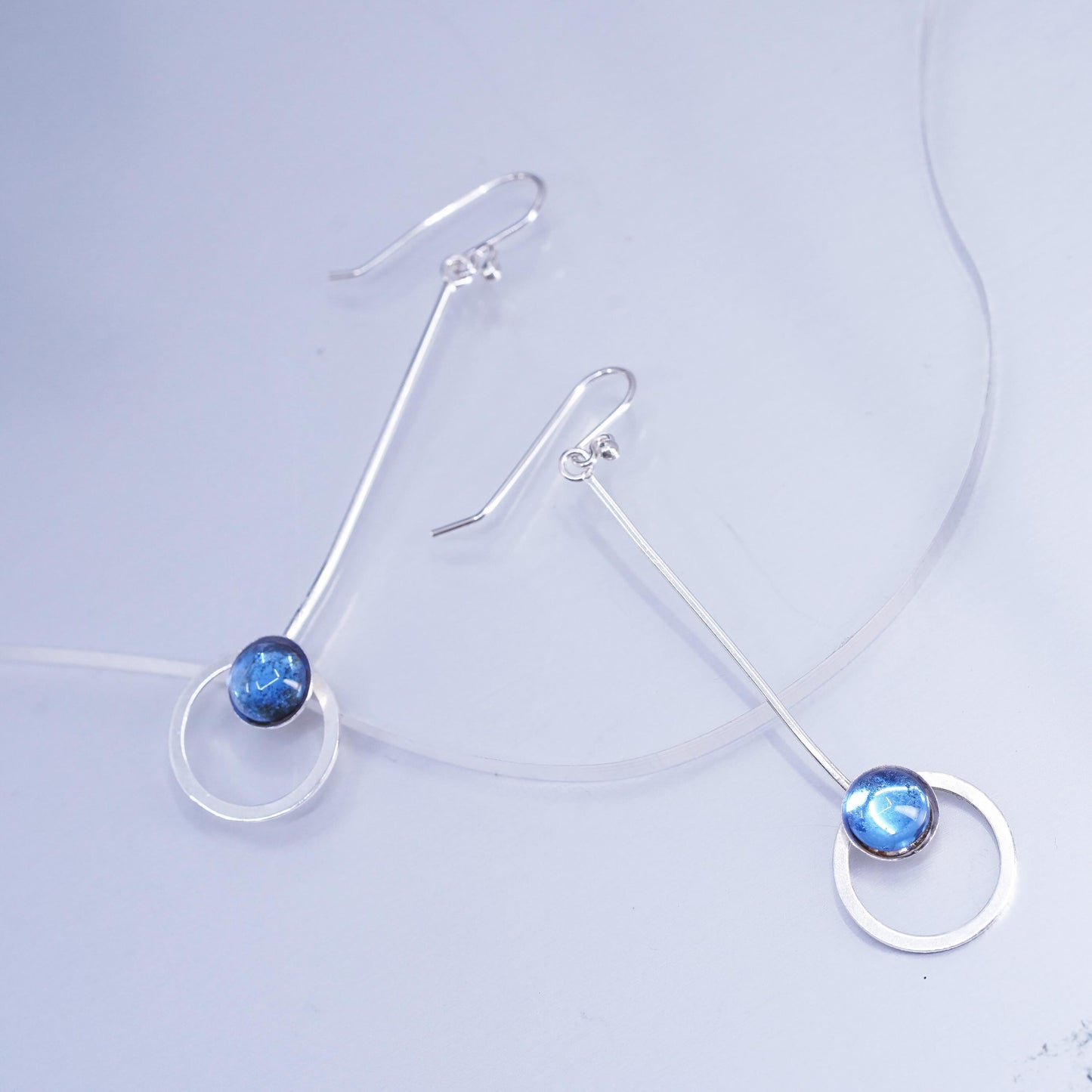 Vintage Sterling 925 silver handmade long circle earrings with blue crystal