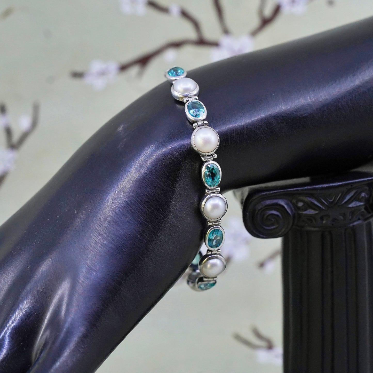 6.75", Vintage JCD Sterling silver tennis bracelet, 925 chain with topaz pearl
