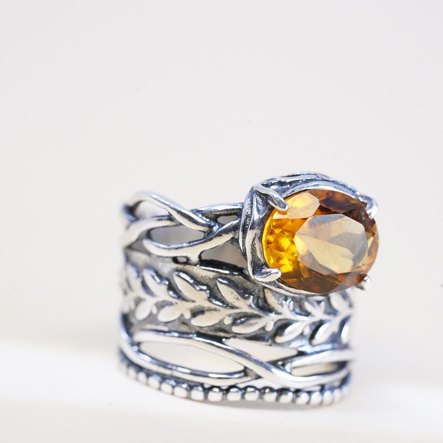 Size 6, VTG Israel PZ Israel Sterling Silver Oval Citrine Ring, Leaf Vine Band