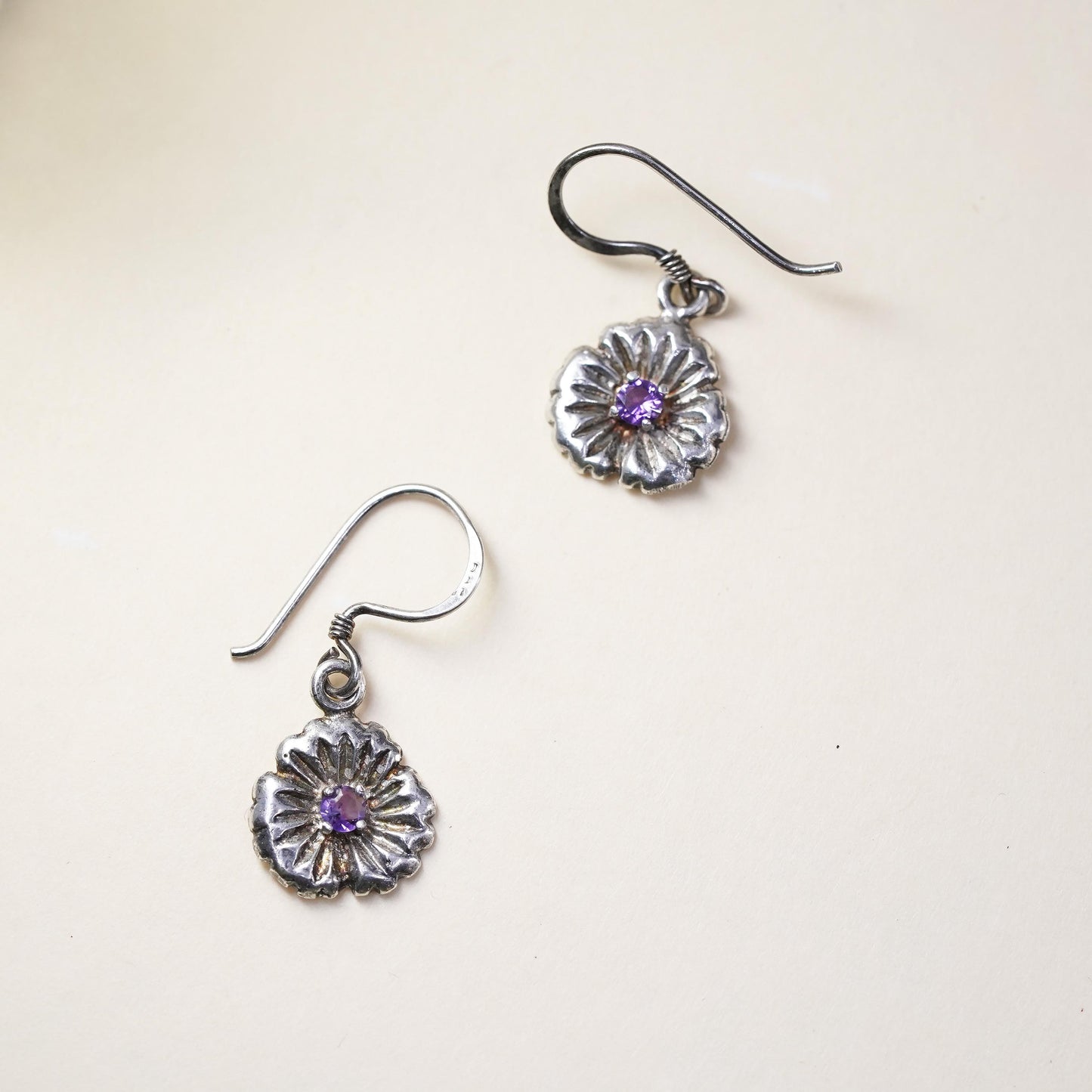 Vintage sterling silver handmade earrings, 925 flower with amethyst