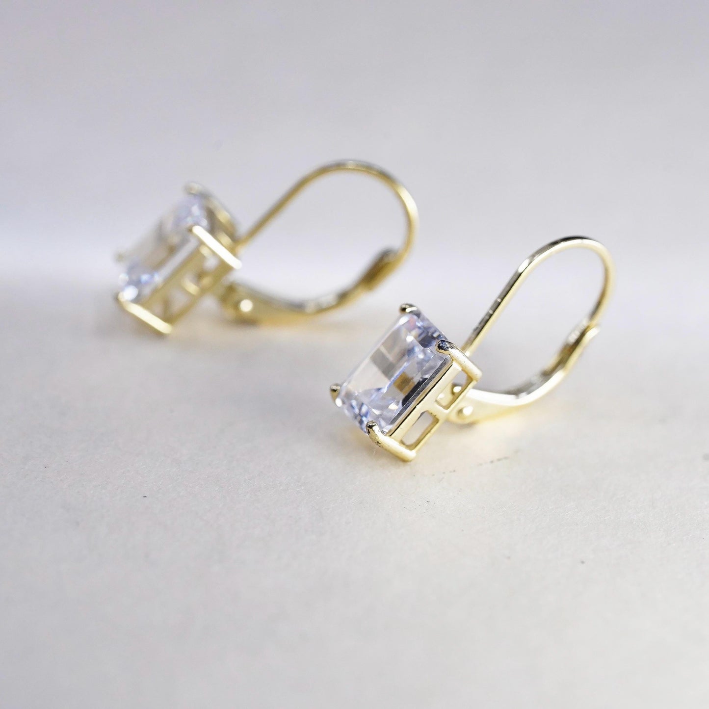 VTG Yellow Gold Plated Sterling Silver earrings, 925 dangles clear Cz leverback