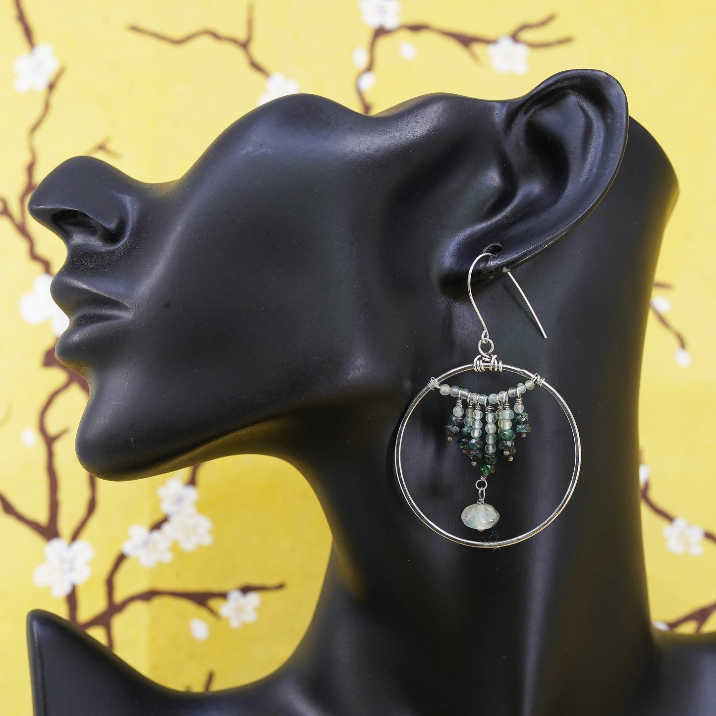 Vintage Sterling silver handmade circle earrings, 925 hoops with jade beads