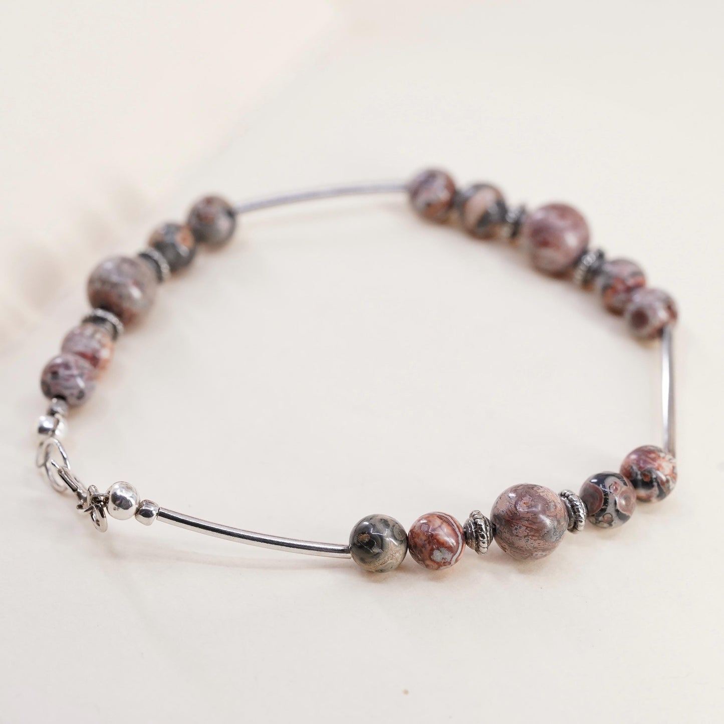 7.75”, Vintage Sterling 925 silver handmade bar bracelet with Jasper beads