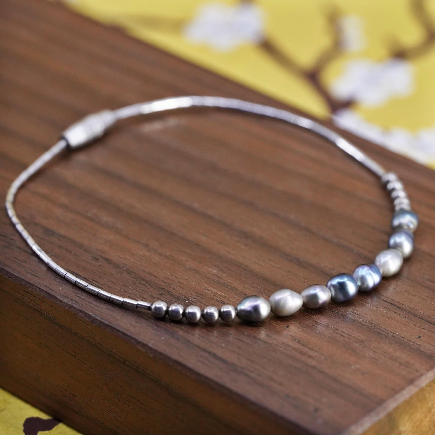 7.25", vintage sterling silver bracelet, liquid 925 Silver with pearl beads
