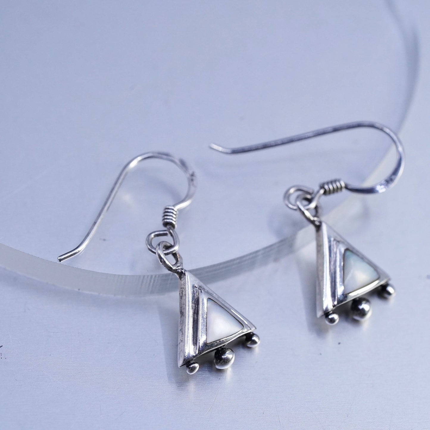Vintage Sterling 925 silver handmade triangular earrings with mother of pearl