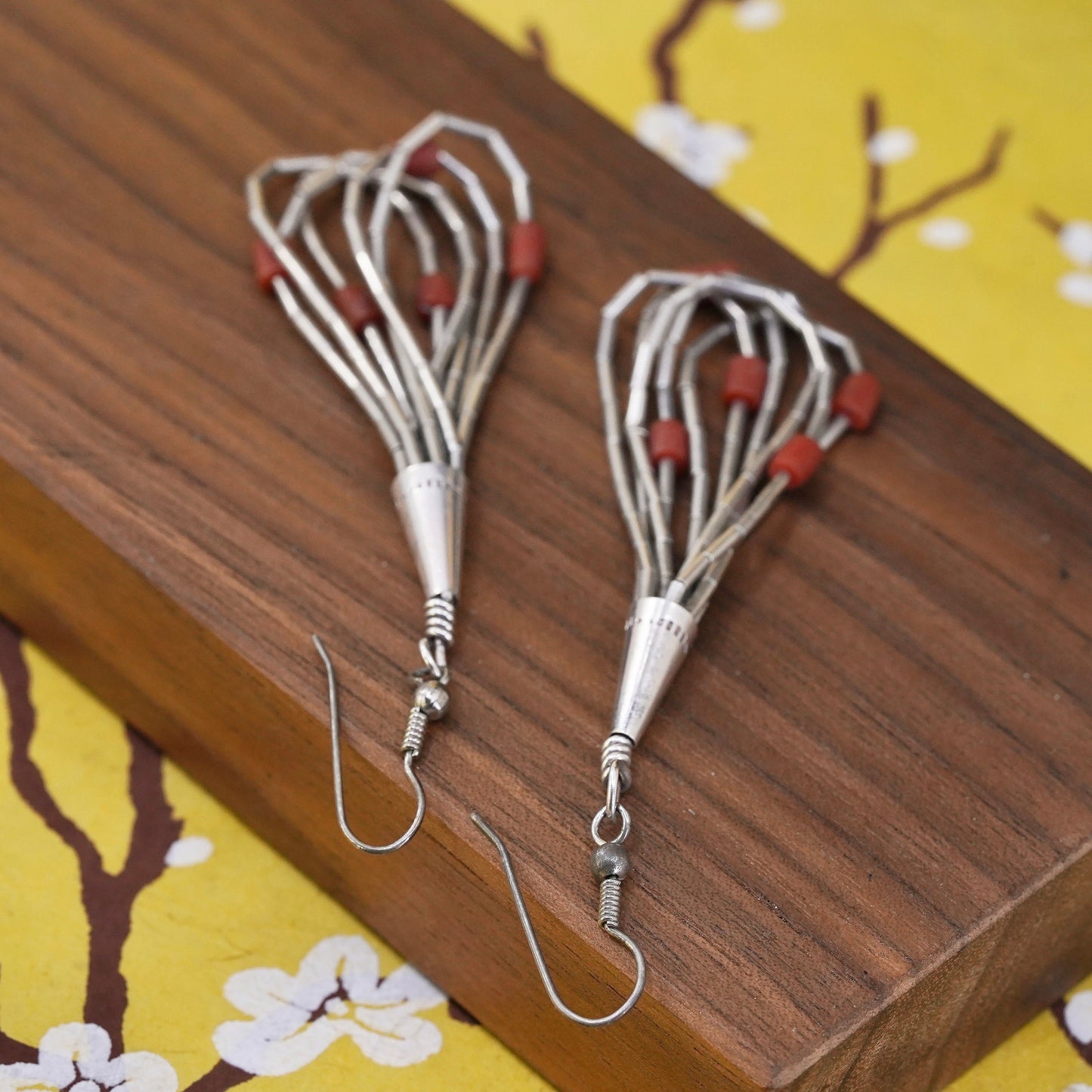 Native American southwestern Sterling 925 earrings, Mexican liquid silver coral