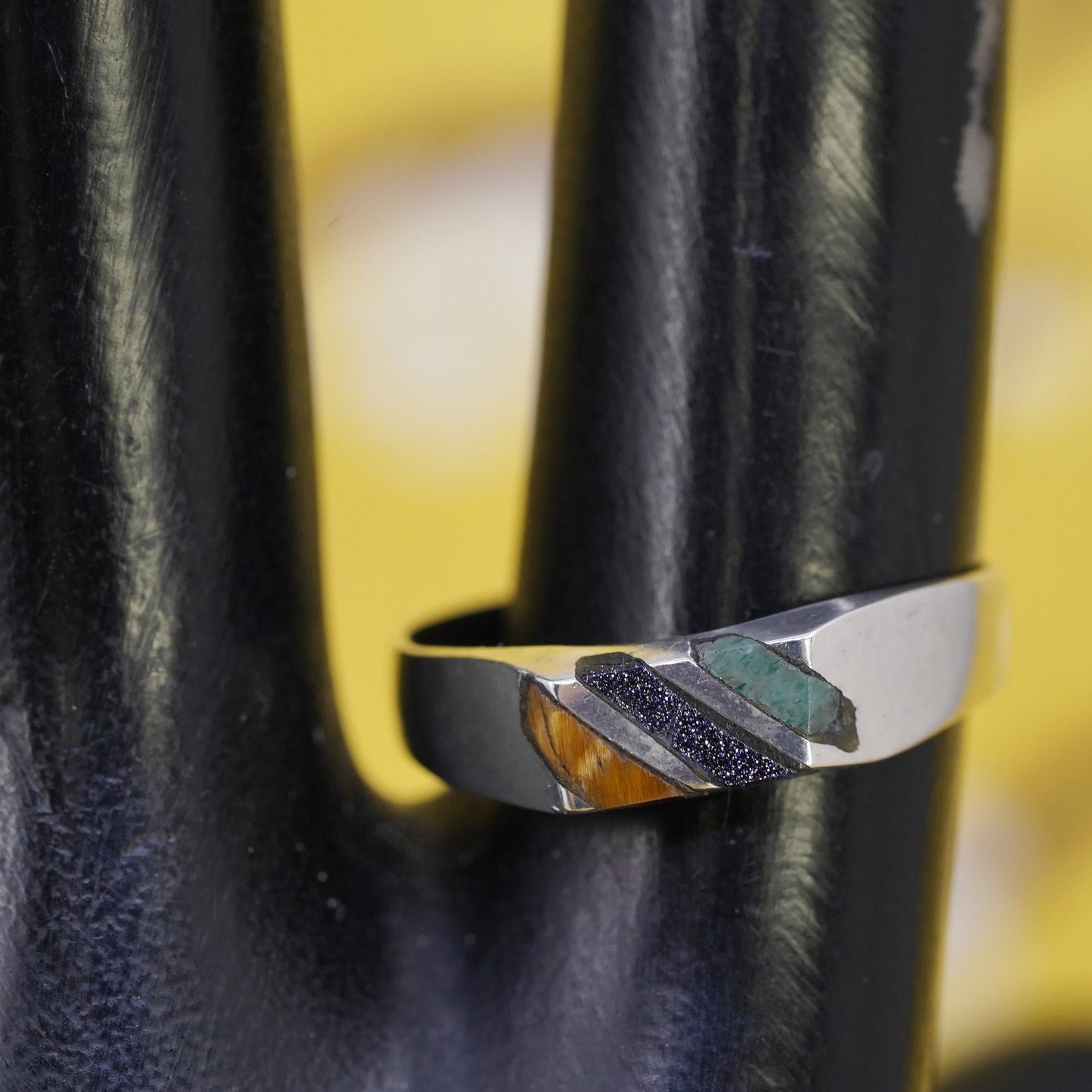 Size 7.25, Sterling silver ring with golden tiger eye inlay, stackable 925 band