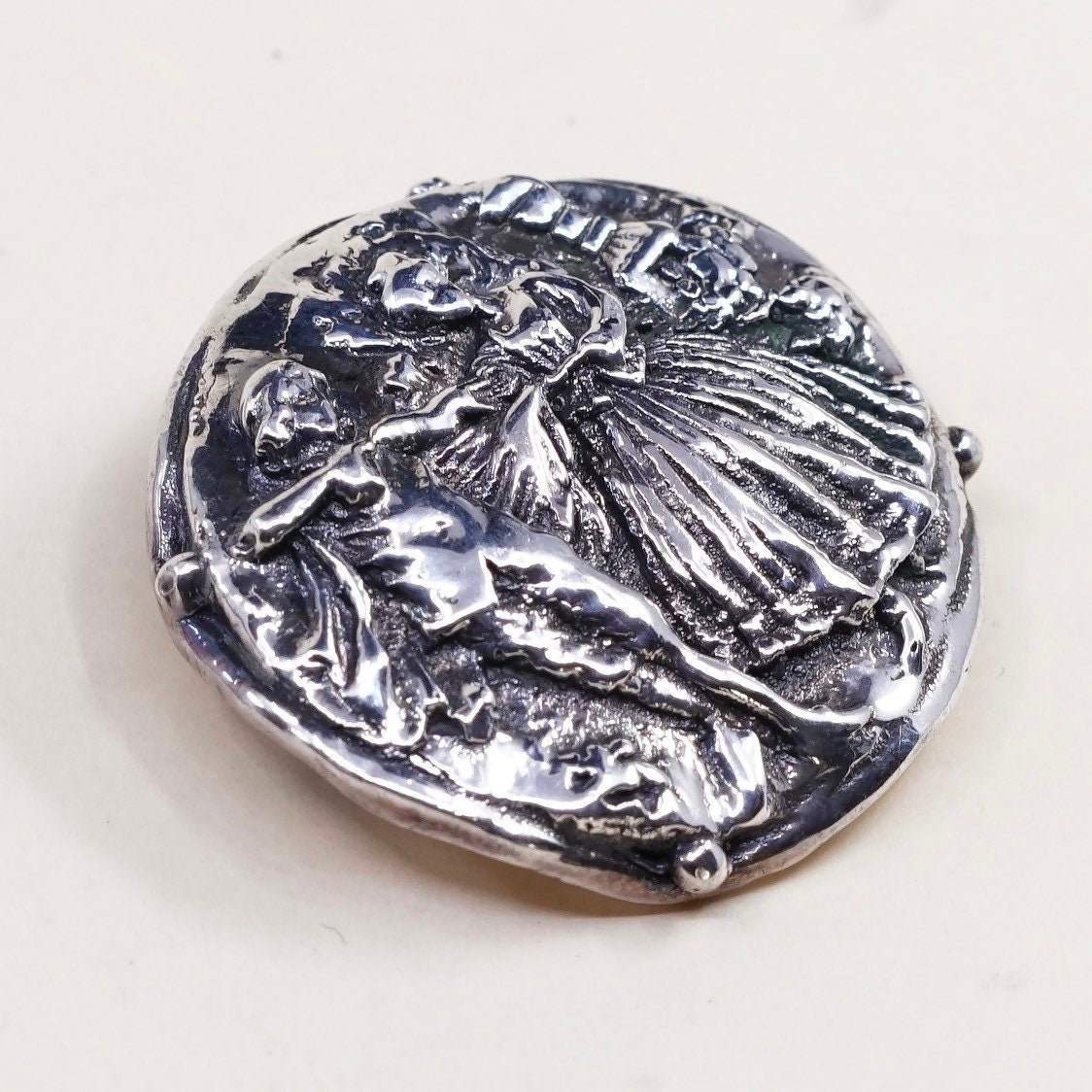 Vintage Sterling silver handmade brooch, puffy 925 silver pin pendant with 18 century dancer, stamped 925