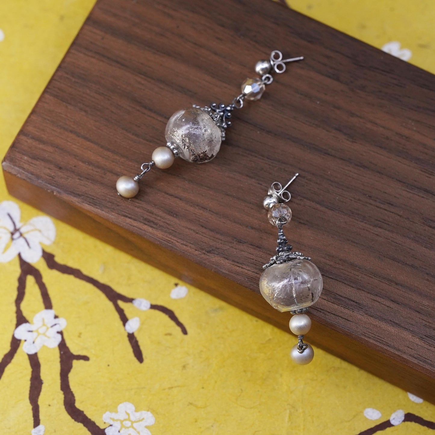 Vintage Sterling silver handmade earrings, solid 925 silver glass beads