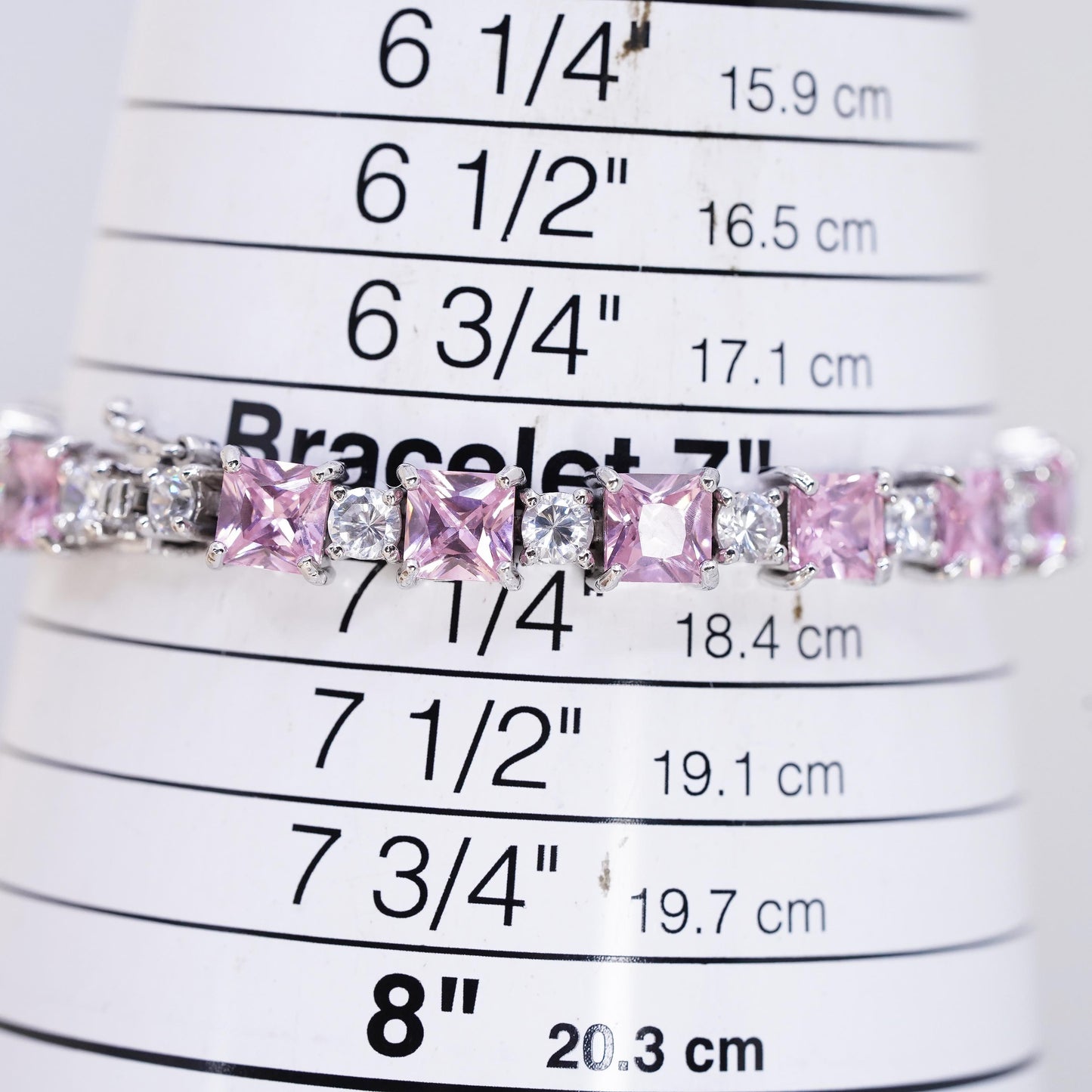 7", Vintage Sterling 925 silver tennis bracelet with square pink cz
