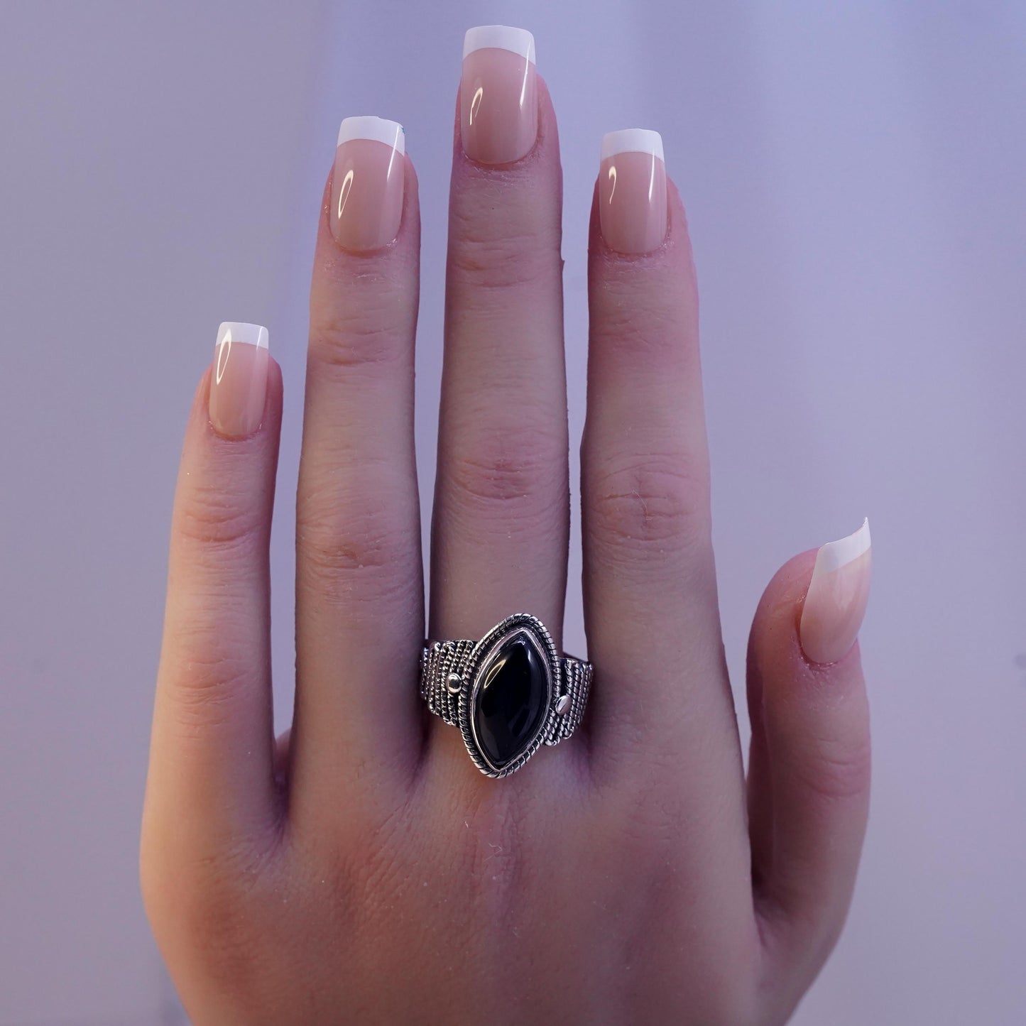 Size 10.75, vintage YS Sterling 925 silver ring marquise shaped onyx and cable