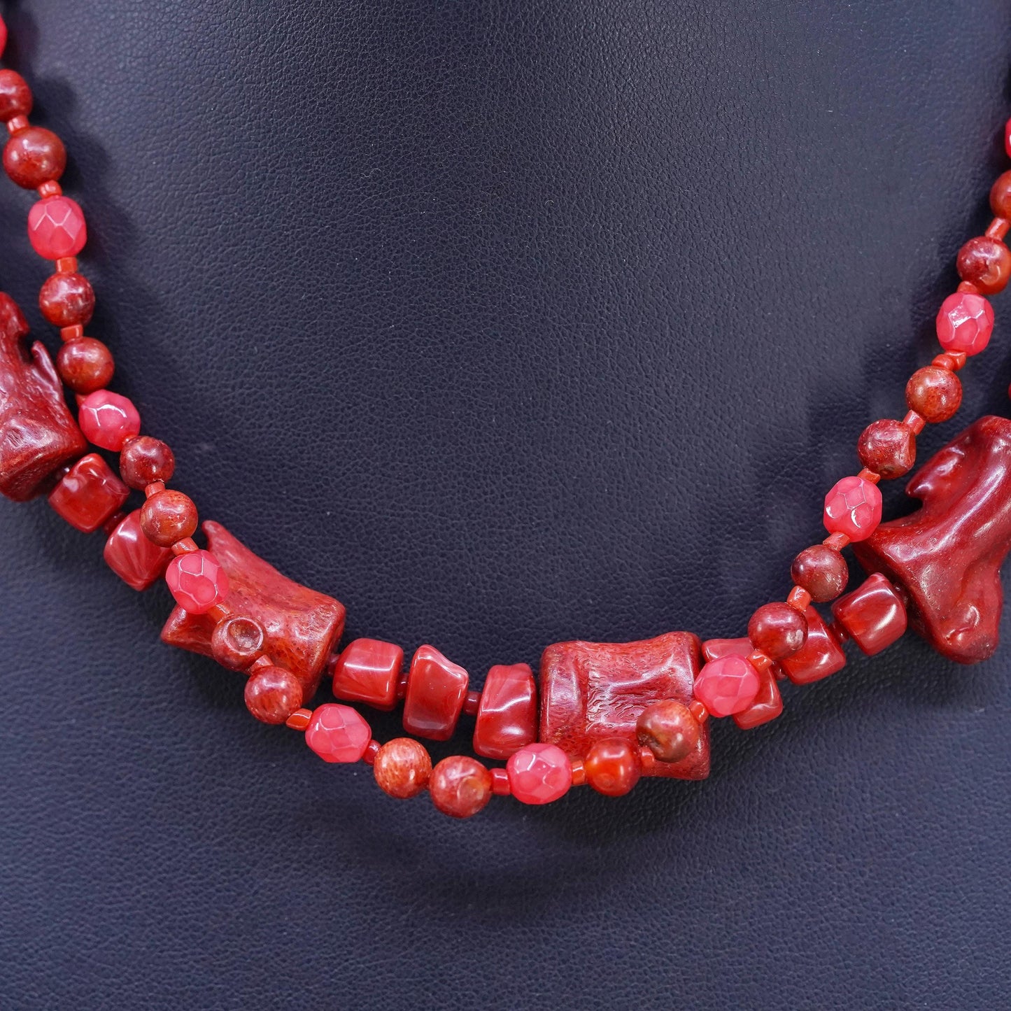 16+3", silver tone necklace, double strands coral beads necklace pendant