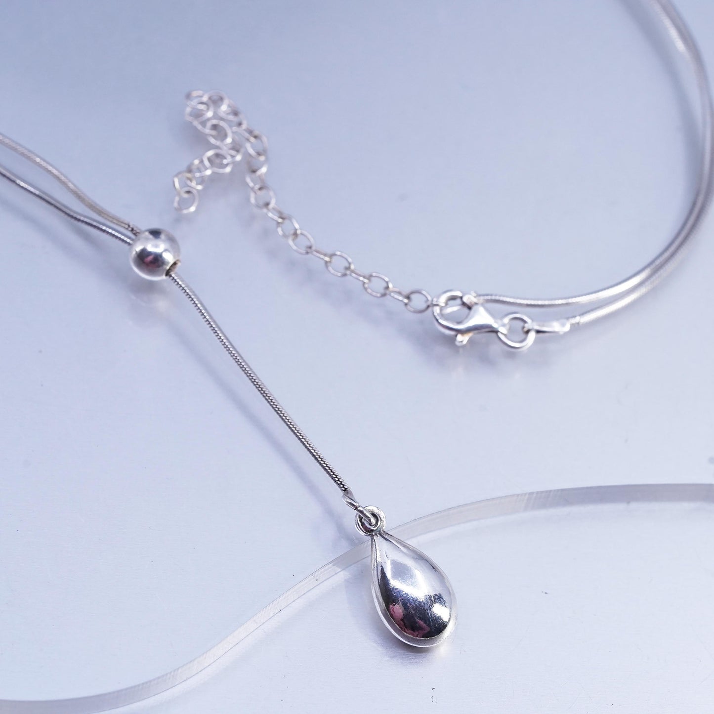 18+3", VTG Sterling 925 silver handmade snake necklace with teardrop pendant