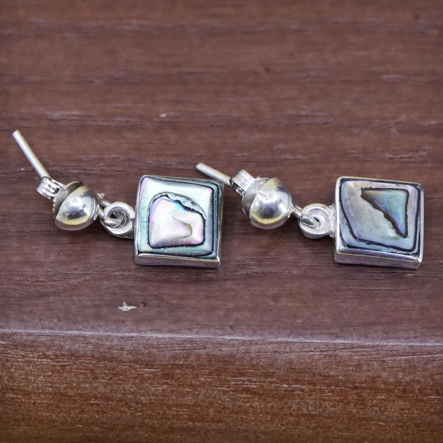 Vintage Mexico Sterling silver handmade earrings, 925 square dangle w/ abalone