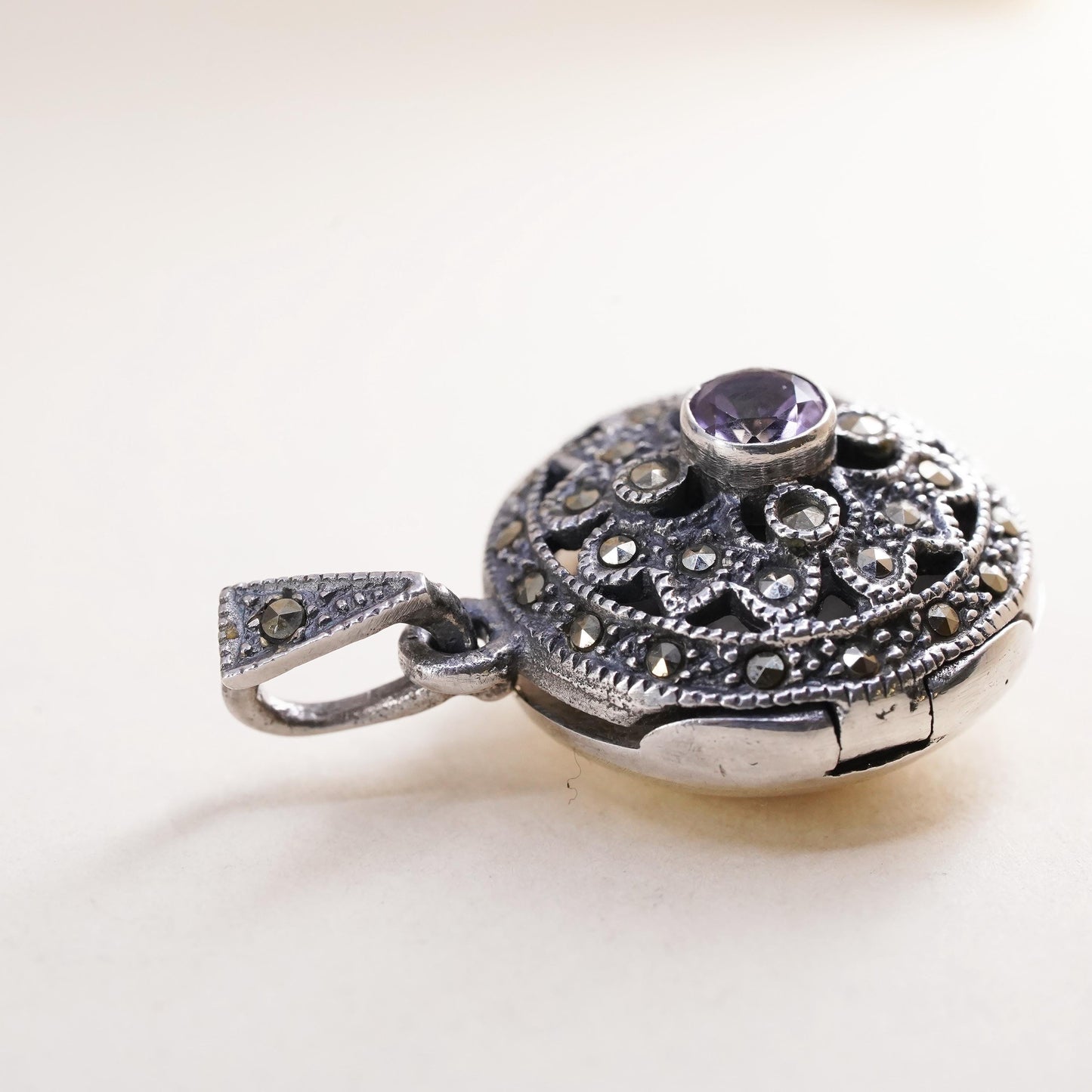 Sterling silver prayer circle locket pendant, 925 charm marcasite amethyst