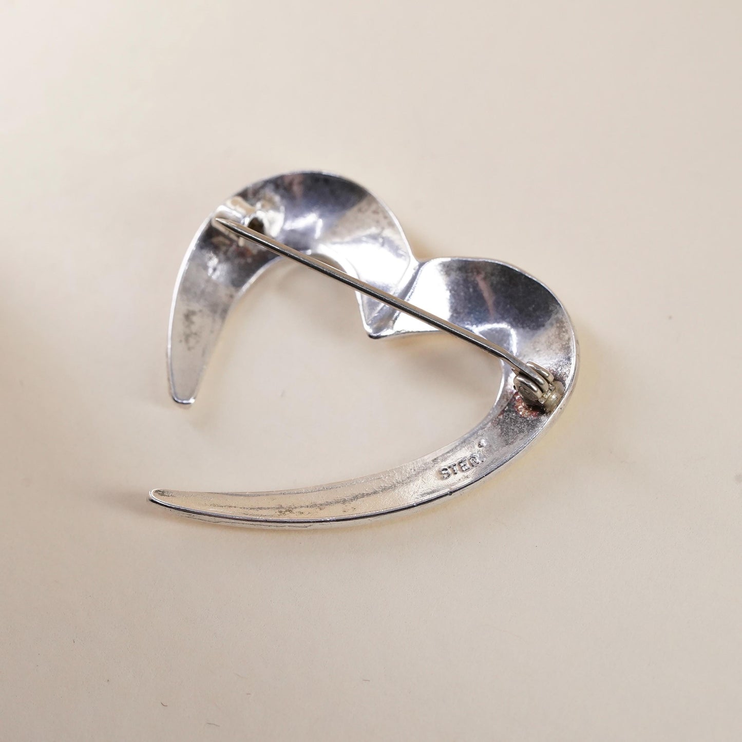 Vintage sterling silver handmade brooch, 925 open heart
