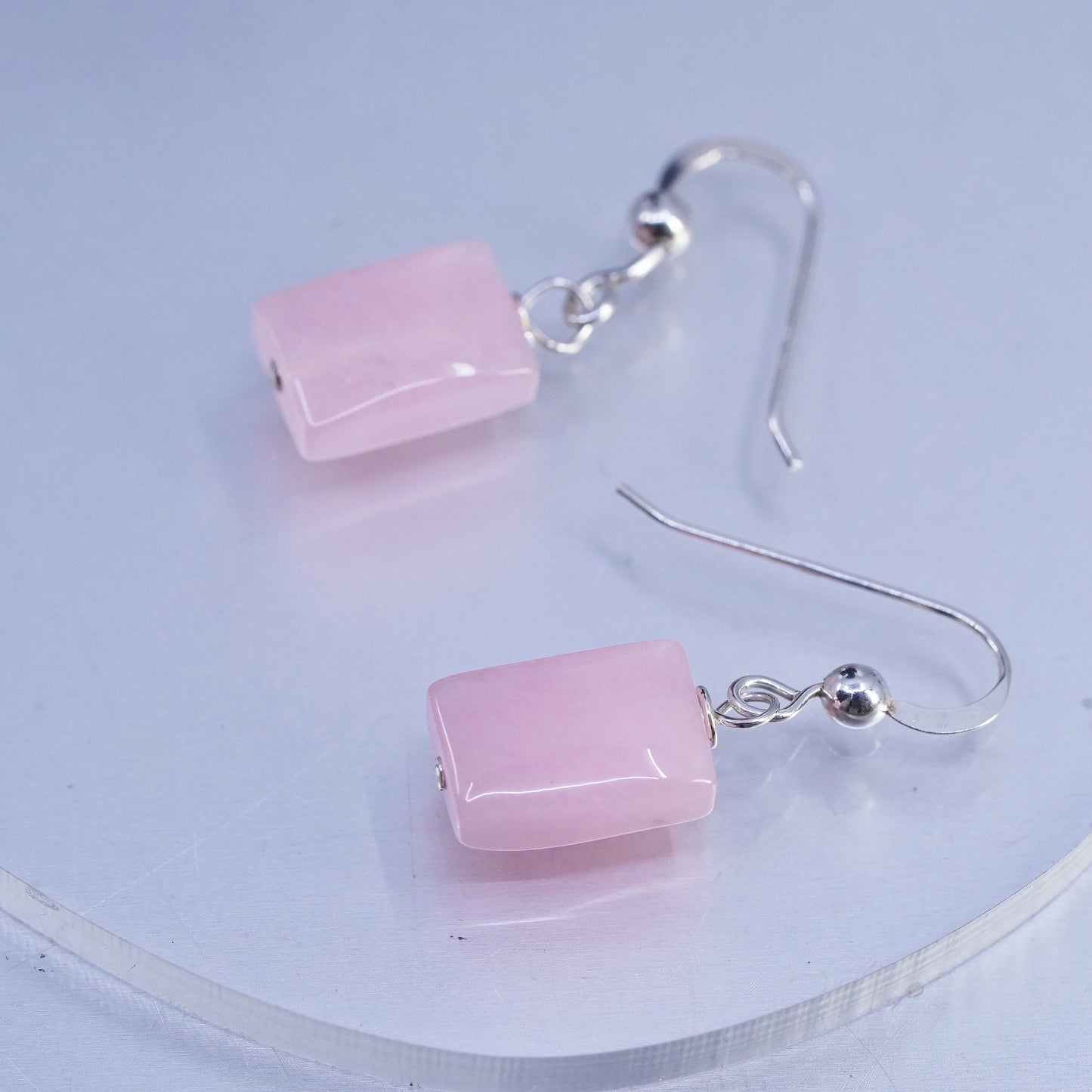 Vintage Sterling 925 silver handmade earrings with pink rose quartz