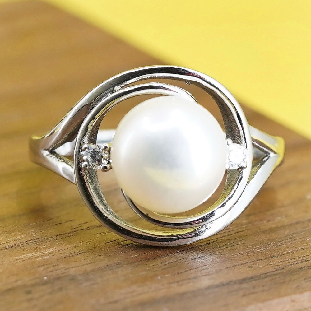 size 7.5, Sterling 925 silver handmade ring, stackable band with cz and pearl
