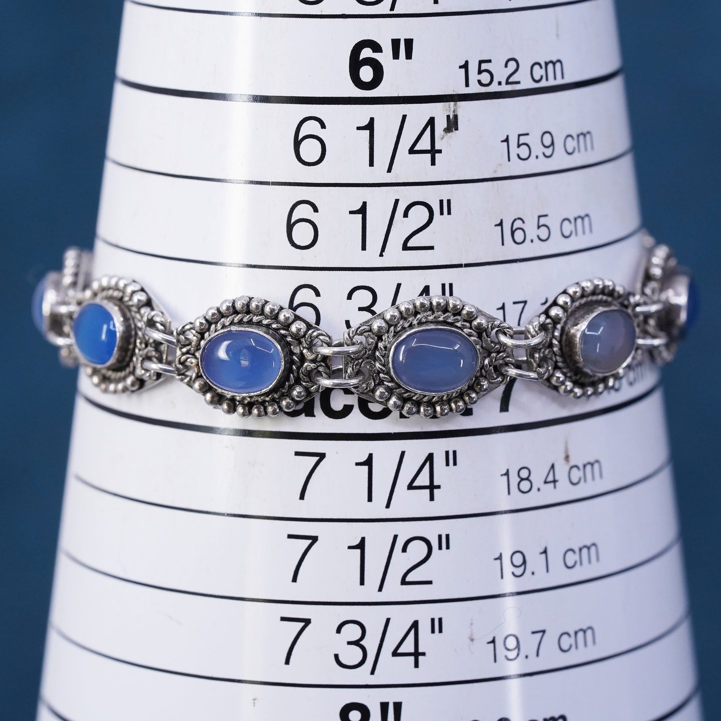 6.75", Sterling silver handmade bracelet, 925 beads links chain blue crystal