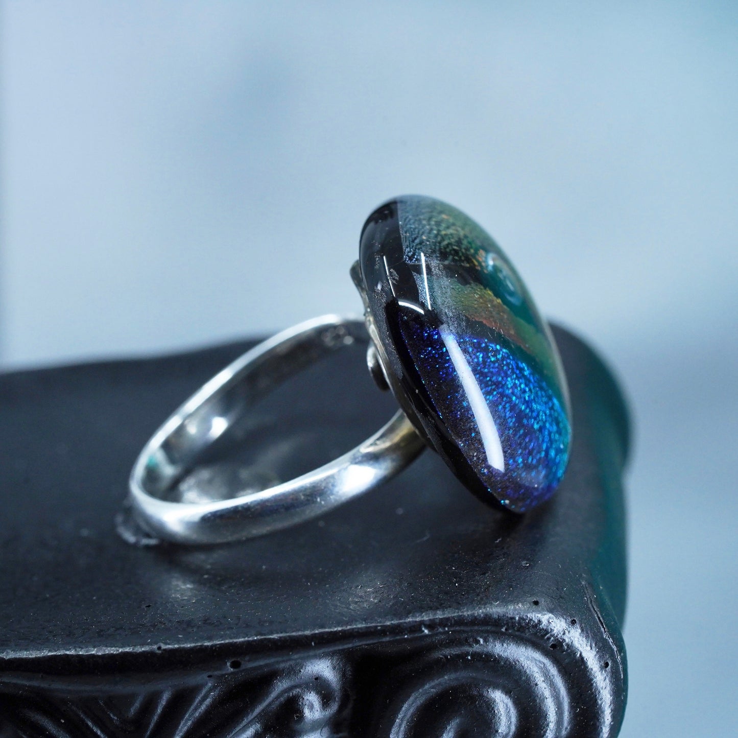 Size adjustable, Sterling 925 silver handmade cocktail ring w/ foiled glass
