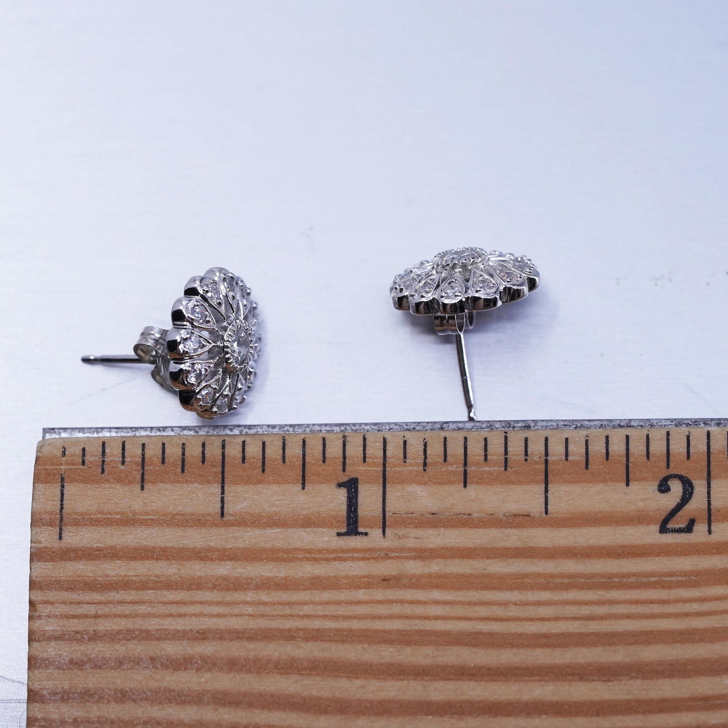 Vintage Sterling 925 silver handmade earrings, flower studs with cz