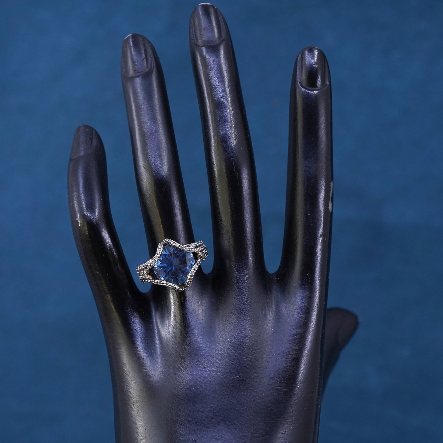 Size 7, vermeil gold over sterling 925 silver ring with topaz and cluster cz