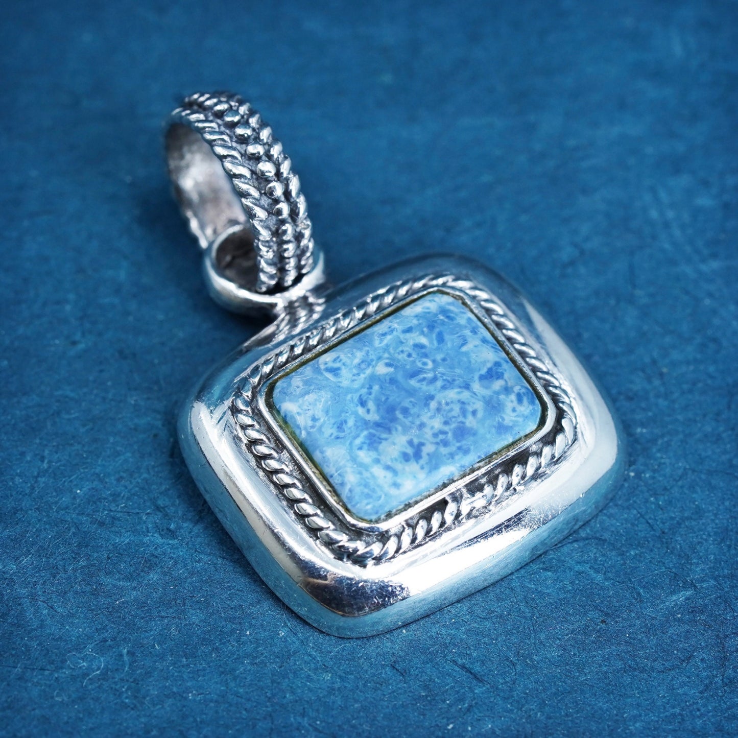 Sterling silver handmade pendant, 925 rectangular with denim lapis lazuli cable