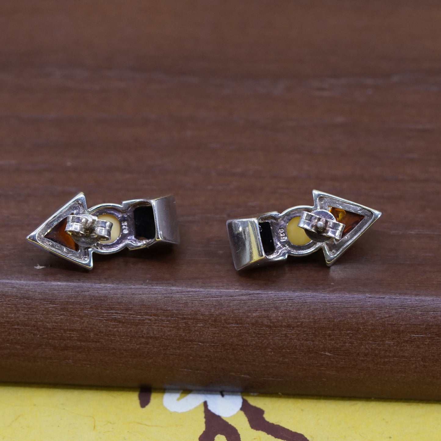 Vintage sterling 925 silver handmade studs earrings with amber inlay