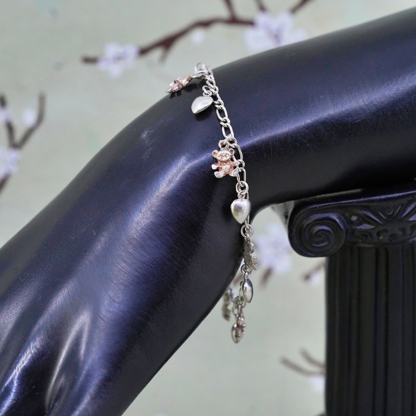 7", Vintage sterling 925 silver figaro bracelet with heart teddy bear charms