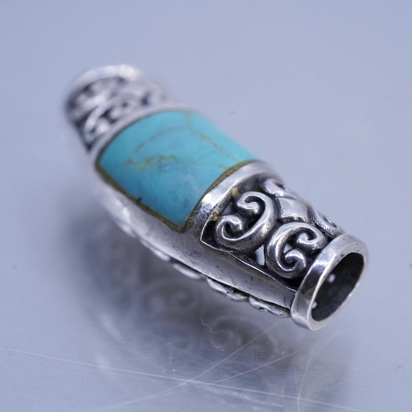 Vintage Thailand sterling 925 silver filigree slide pendant turquoise inlay