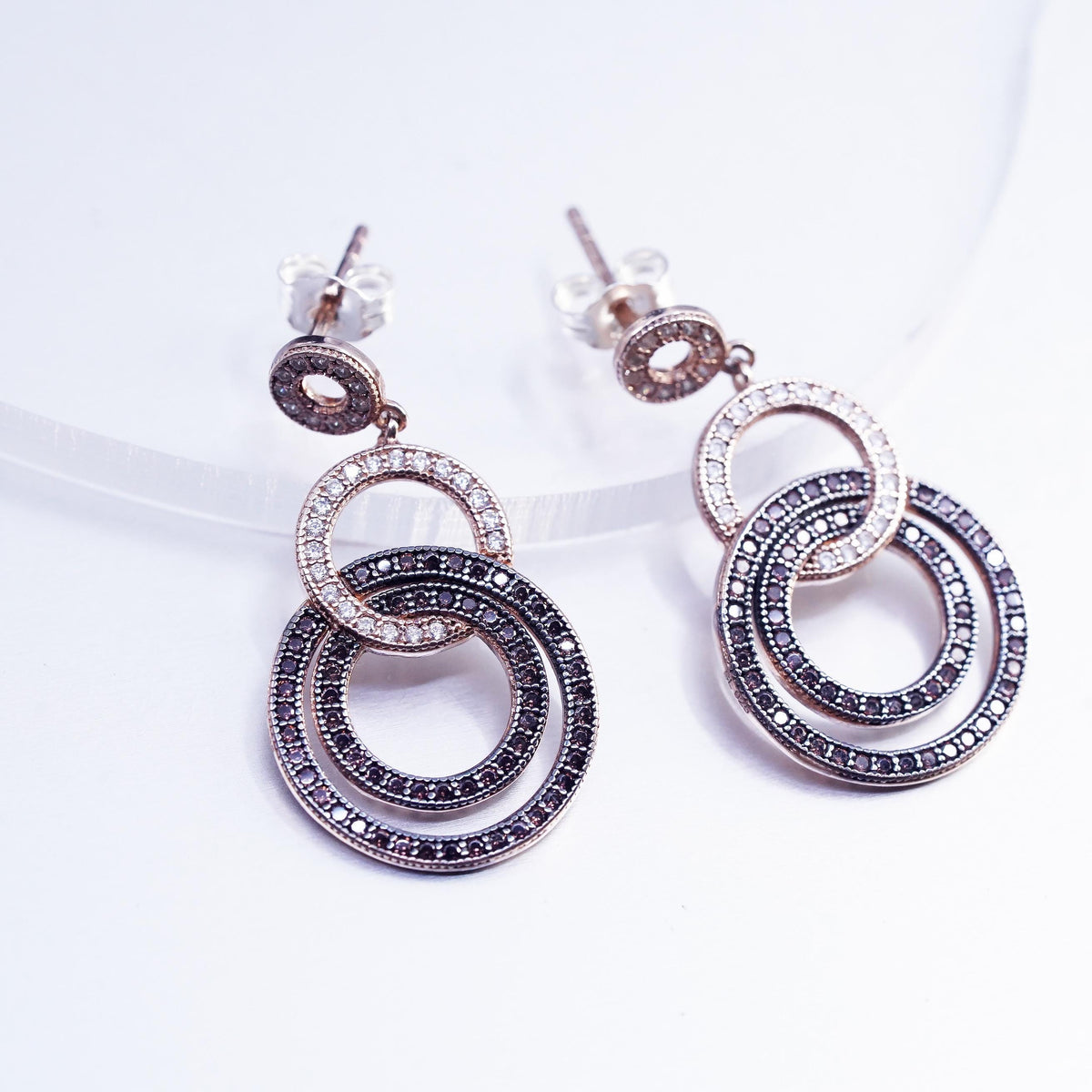 Vermeil Sterling Silver 925 Studs Earrings, Rose Gold CZ Halo, Entwined Dangles