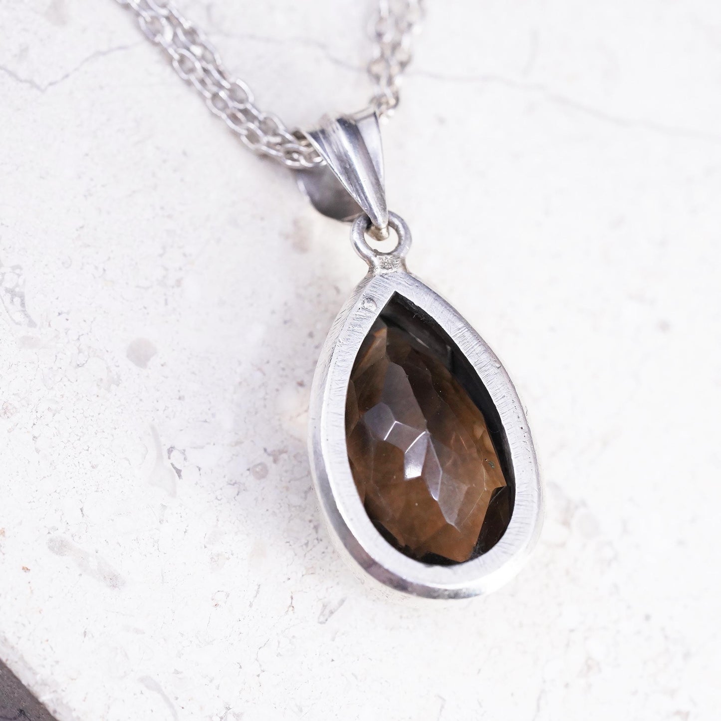 26", Sterling 925 Silver double strands necklace, Smoky Quartz teardrop pendant