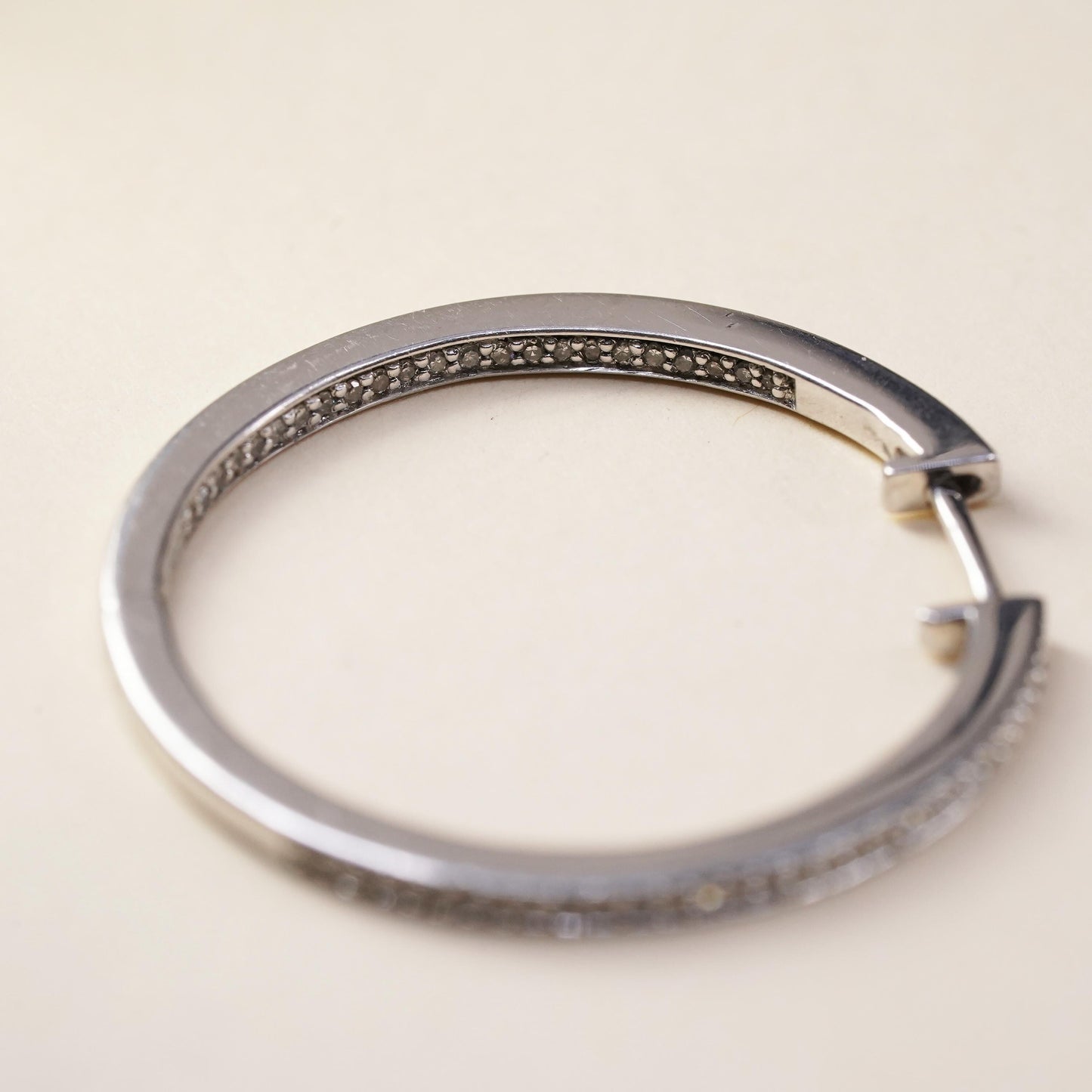 1.25", Vintage sterling silver loop single earring, hoop with cluster diamonds