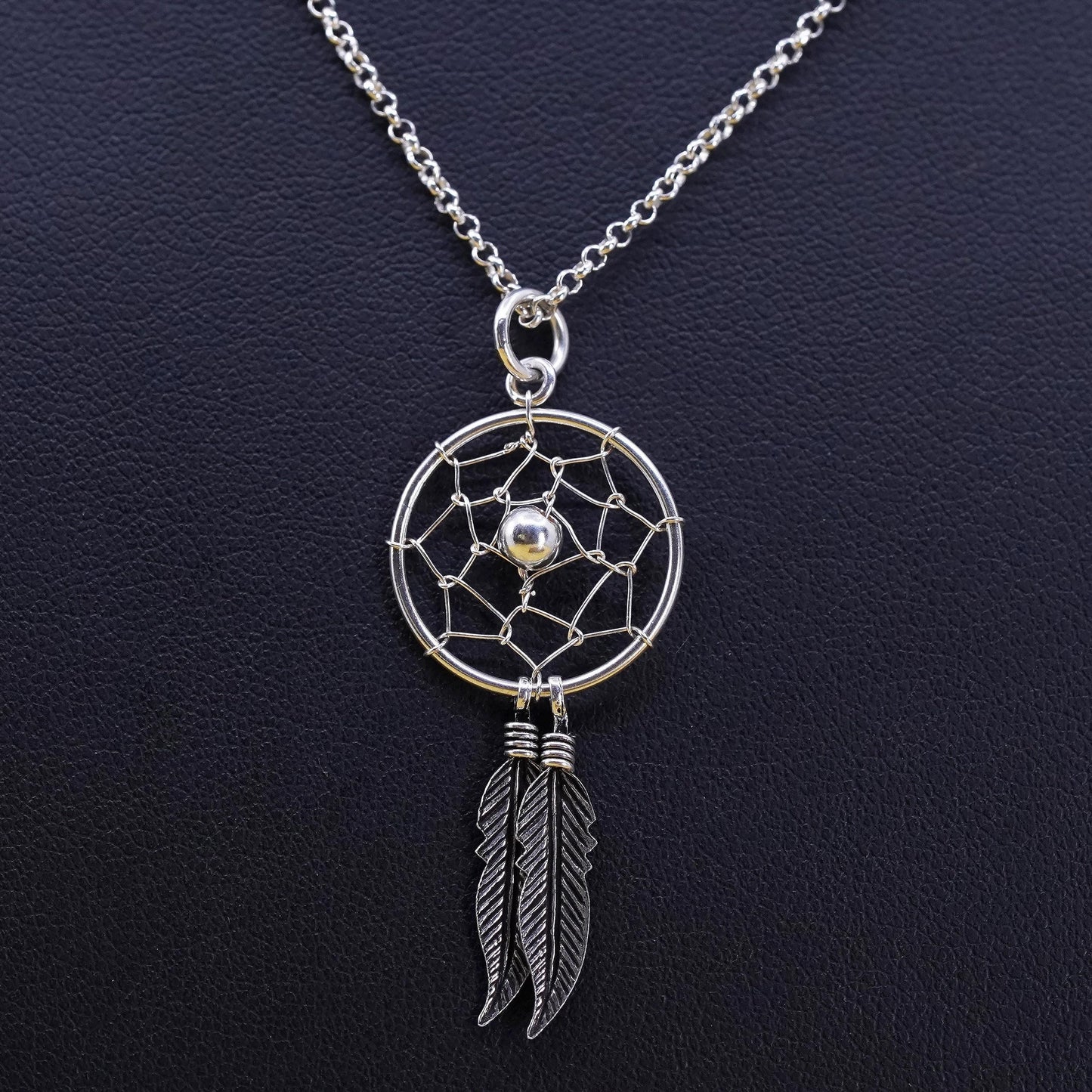 16+2", vintage sterling 925 Silver necklace net pendant and feather dangles