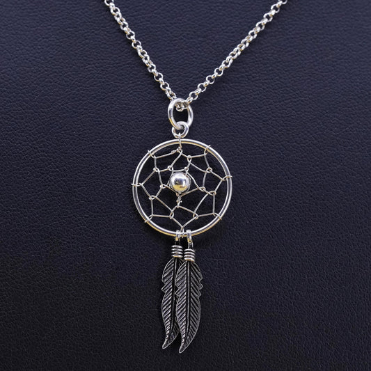 16+2", vintage sterling 925 Silver necklace net pendant and feather dangles