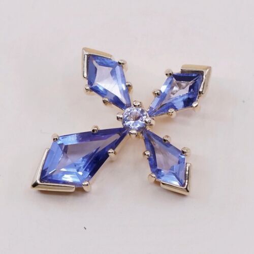 Vermeil gold over Sterling silver handmade pendant, 925 cross w/ Blue Cz