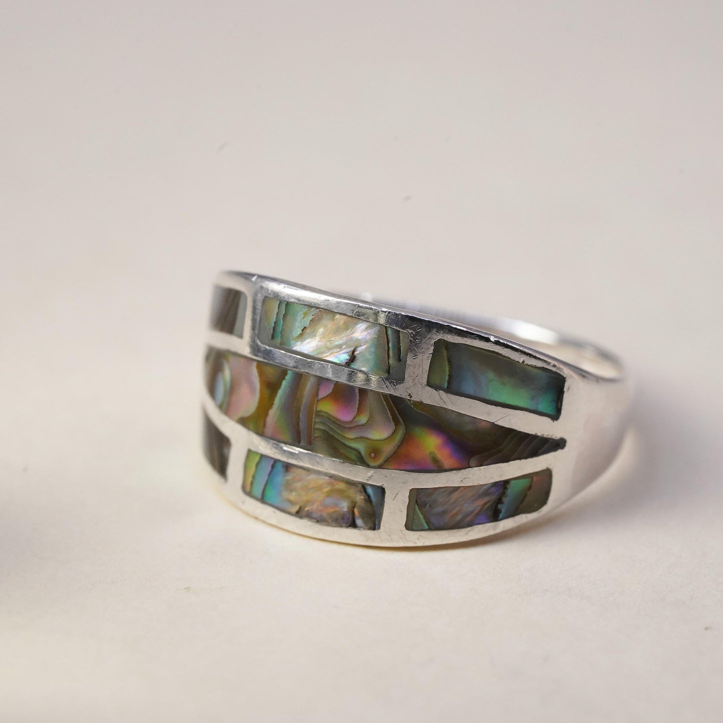 Size 8, Vintage sterling silver handmade ring, 925 band with abalone inlay