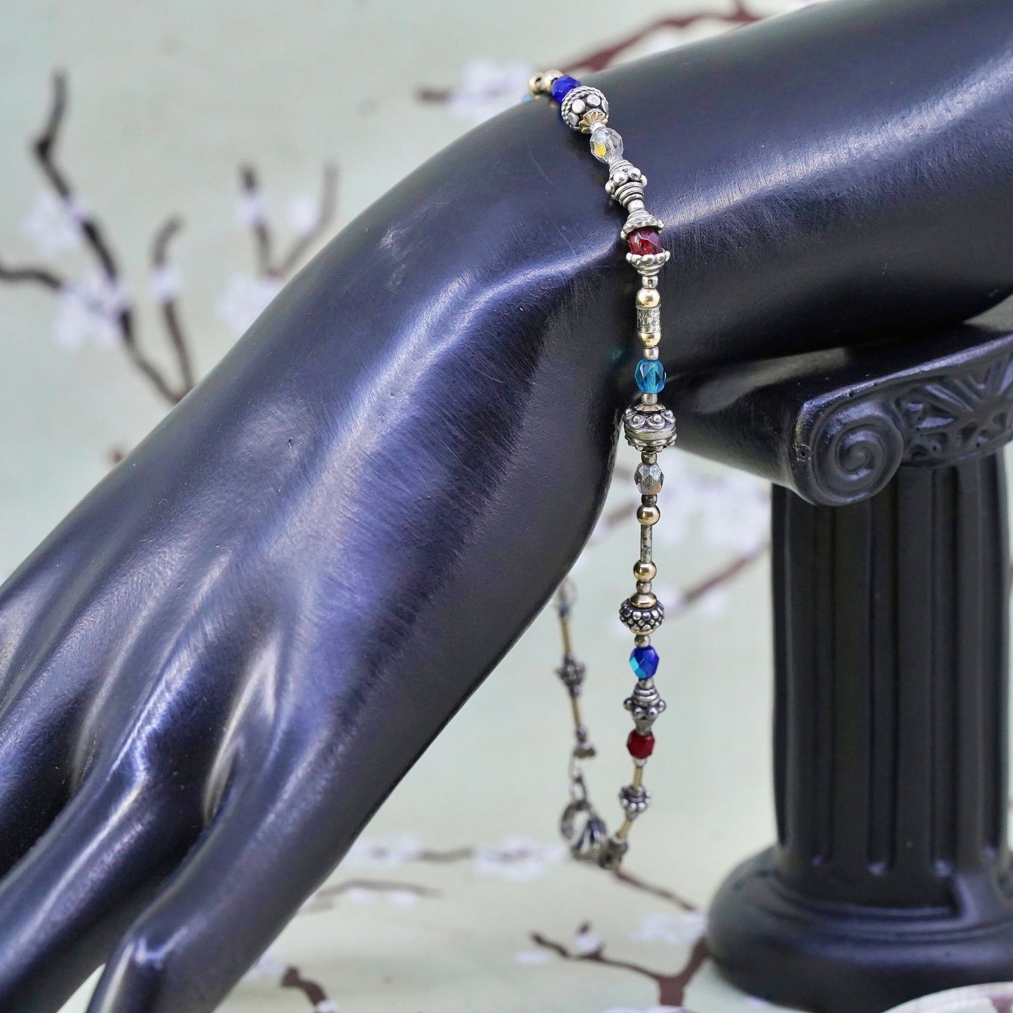 9.5", Italy Sterling 925 silver bracelet anklet with colorful crystal beads