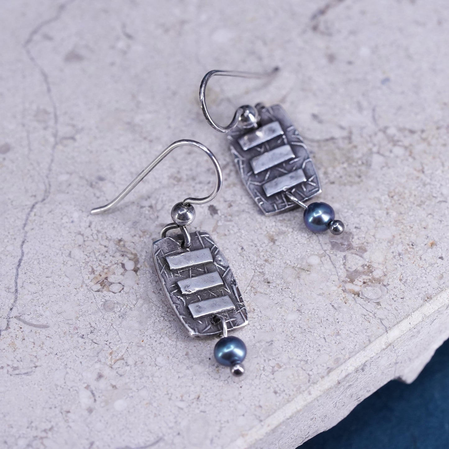 Vintage Sterling silver 925 handmade tag earrings with black pearl dangles