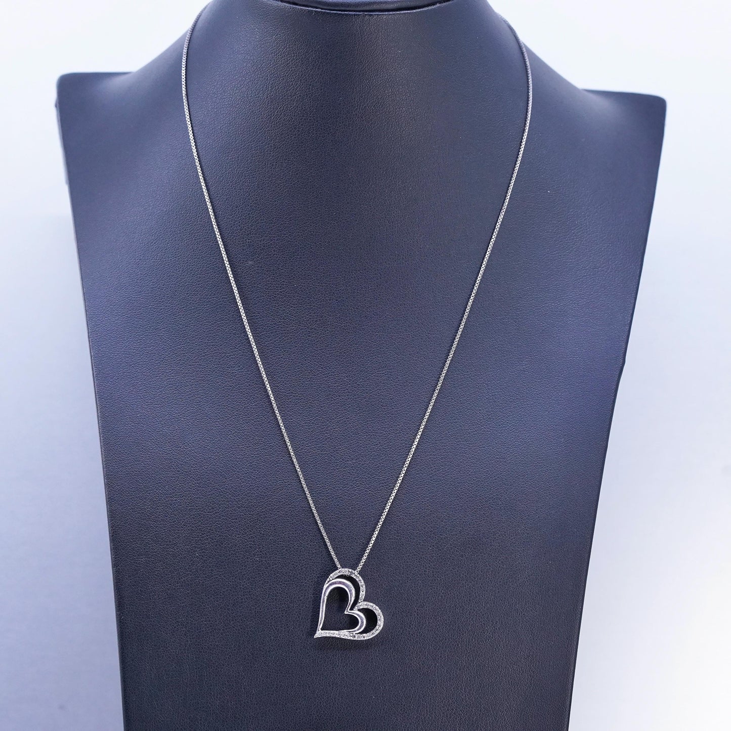 18", vintage Sterling 925 silver handmade box necklace diamond heart pendants