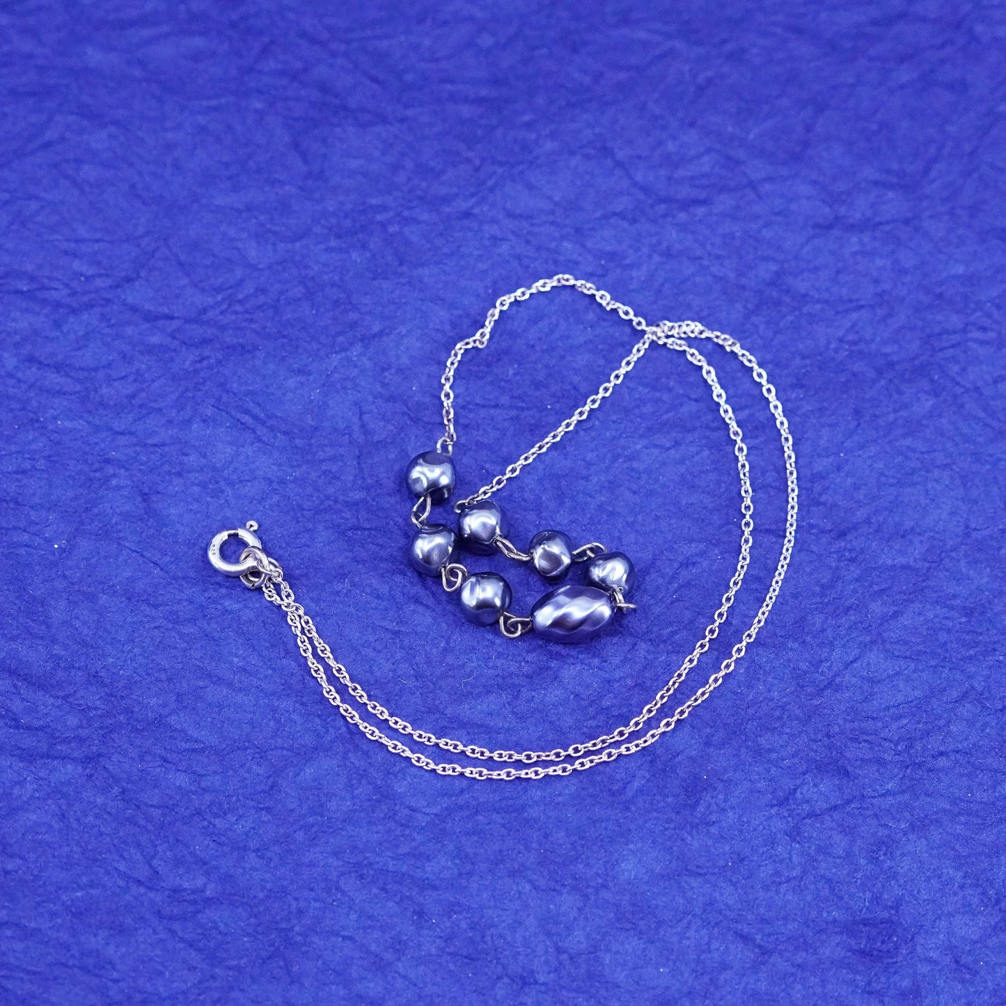 16”, vintage Sterling silver necklace, 925 circle chain w/ black pearl pendant