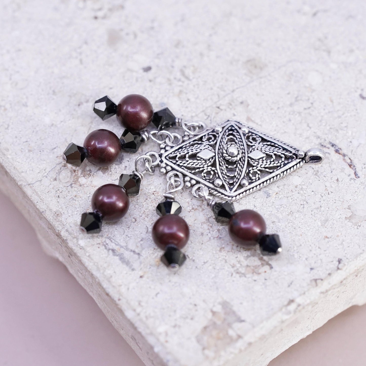 Vintage Sterling silver handmade pendant, 925 filigree charm with pearl beads