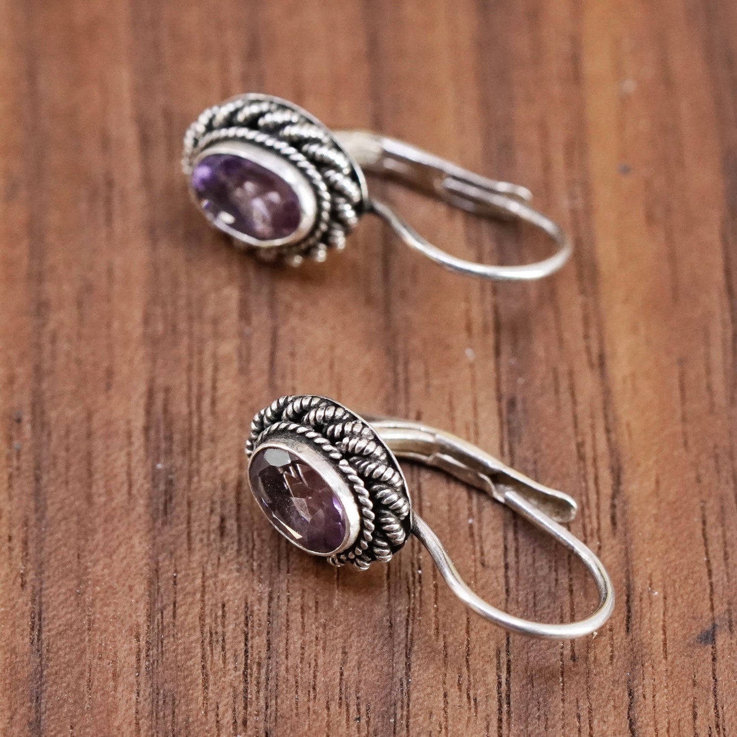 Vintage Sterling silver handmade earrings, 925 dangles with oval amethyst beads